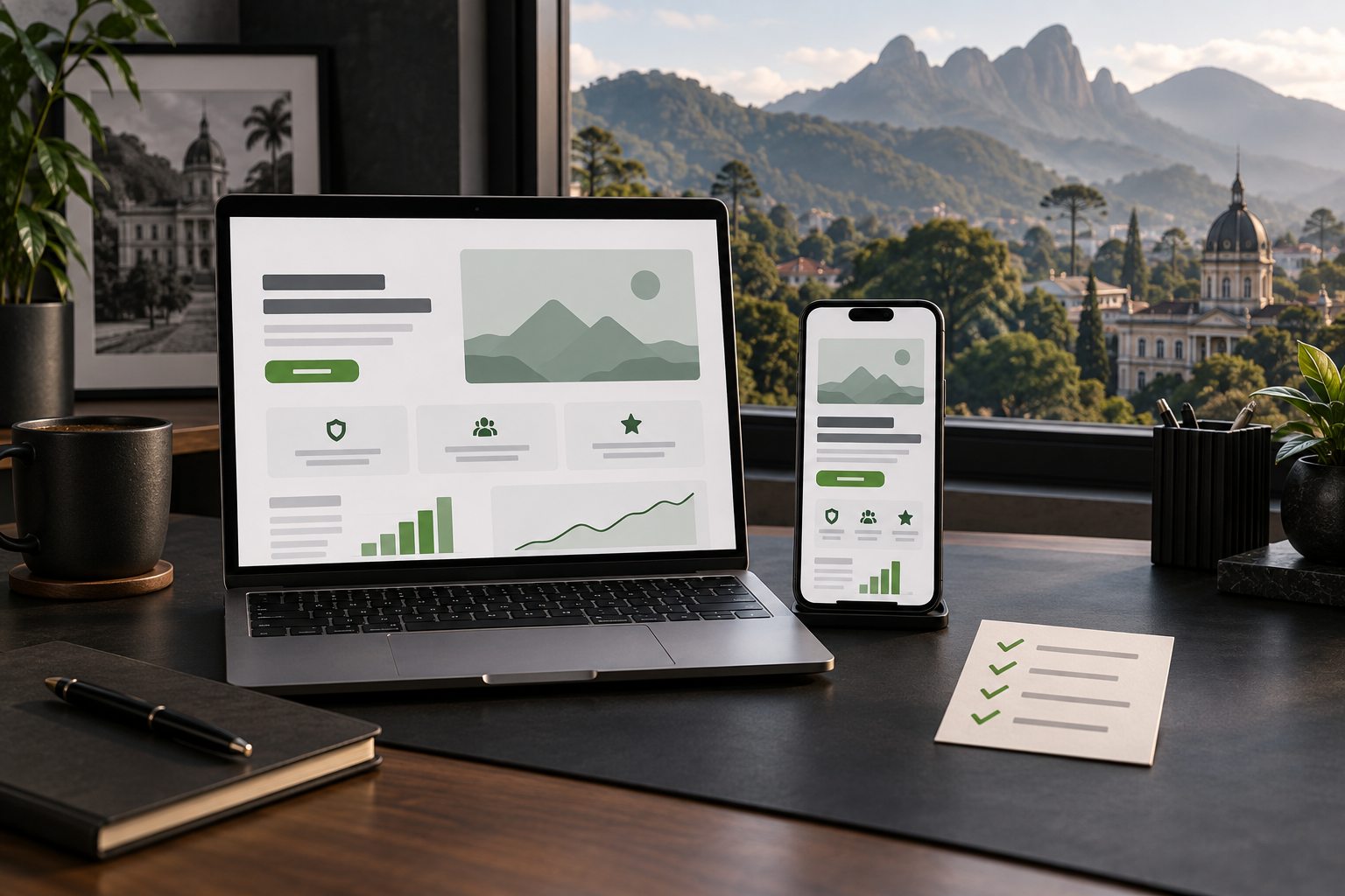 Notebook e celular com uma landing page em construção sobre uma mesa de trabalho, com a paisagem serrana de Petrópolis ao fundo.