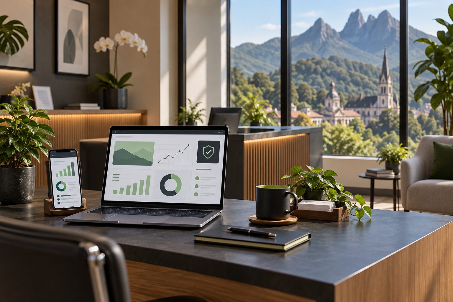 Mesa de uma clínica com celular exibindo uma campanha em revisão, símbolos de verificação e privacidade e a serra de Petrópolis ao fundo.