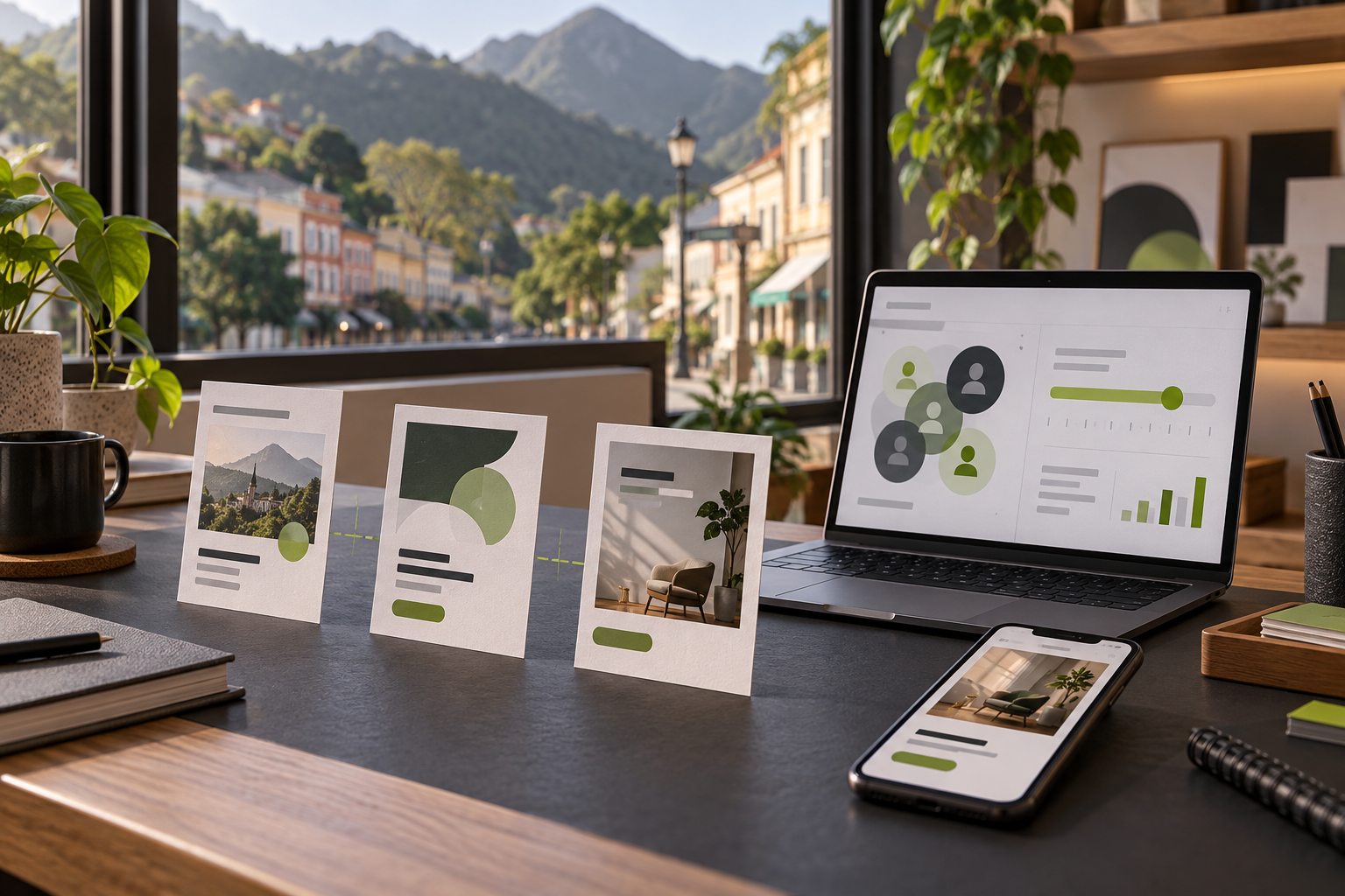 Três peças de anúncio diferentes ao lado de notebook com públicos e controle de frequência, em uma mesa com vista para comércio e montanhas.