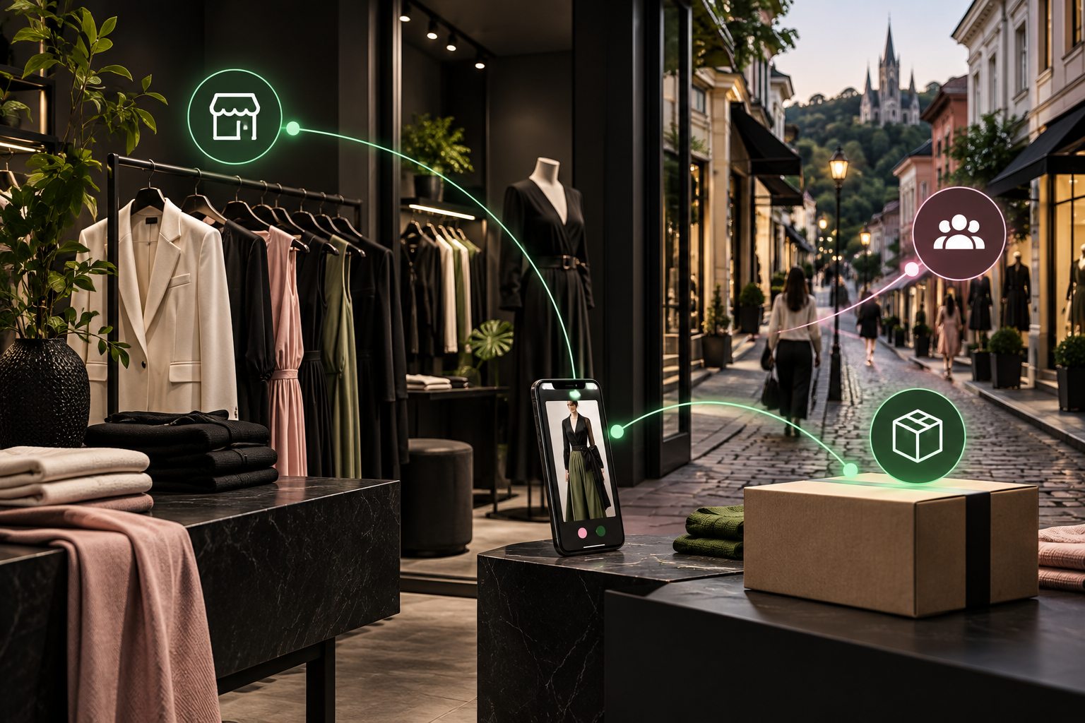 Loja de moda conectando atendimento presencial, público digital e vendas a distância.