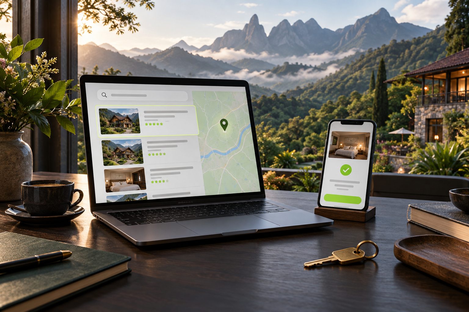 Notebook com busca local e mapa ao lado de celular com confirmação de reserva, diante de uma pousada na serra de Itaipava.